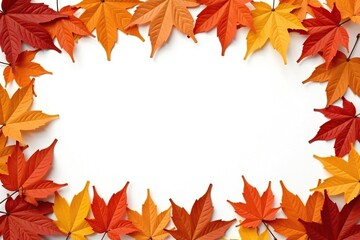 Dried leaves border with orange hues surrounding white space, autumn colors, fall, foliage