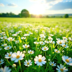 Fototapeta premium Delicate white gypsophila flowers scattered on a sun-kissed open field, open ground, botanical, countryside