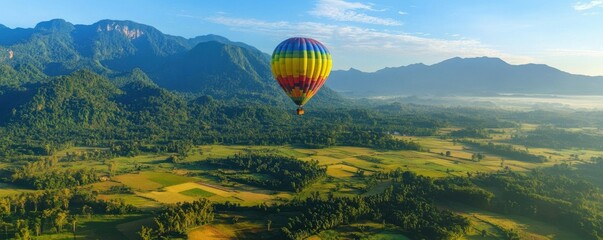 Fototapeta premium Colorful hot air balloons floating above a vast valley, adventurous travel concept, bright and vibrant photography.