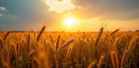 Fototapeta premium Barley stalks stretching towards a fading sun, fields, barley, sky