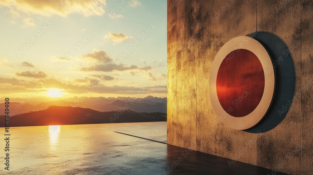 Poster conceptual target development investment visual with empty copy space at sunset over mountains featu