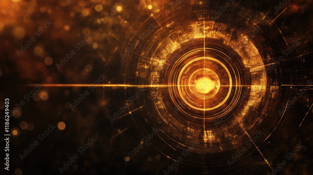 Poster golden abstract circular target graphic with radiant light effects on dark background and ample empt