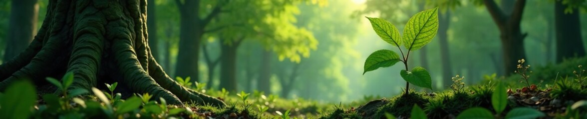 Leaves sprout from a giant tree in the forest, blossoms, forest landscape