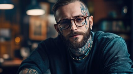 Obraz premium Tattoo Artist with Full Sleeves in Modern Studio Portrait Setting with Glasses and Beard Surrounded by Artistic Decor and Soft Lighting