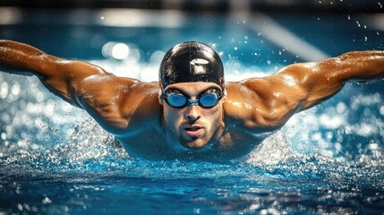 Male athlete performing butterfly stroke in a vibrant blue sports pool with splashes of water, showcasing muscular build and determination, ample space for text.
