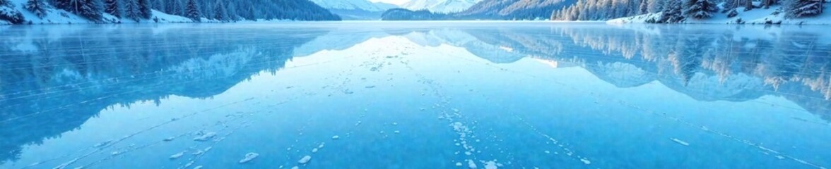 Smooth blue ice surface reflected in a still lake, icy texture, crystal clear