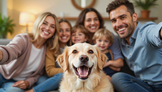 Happy family taking a selfie with their dog in cozy living room, togetherness