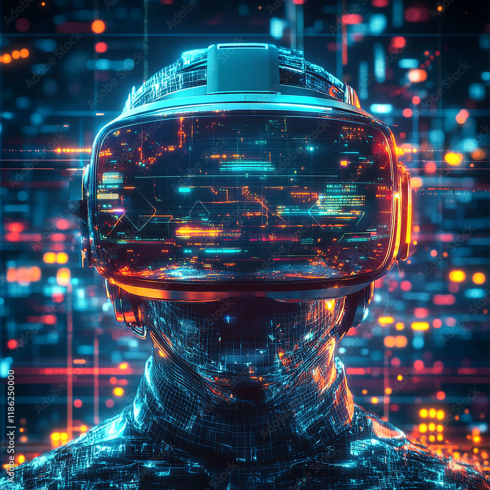 Poster engaging with vr in a vibrant digital environment filled with lights and data streams
