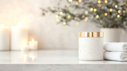 Luxurious cream jar on marble surface with candles and soft lighting