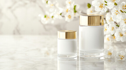 Luxurious skincare jars on marble surface with soft light and flowers