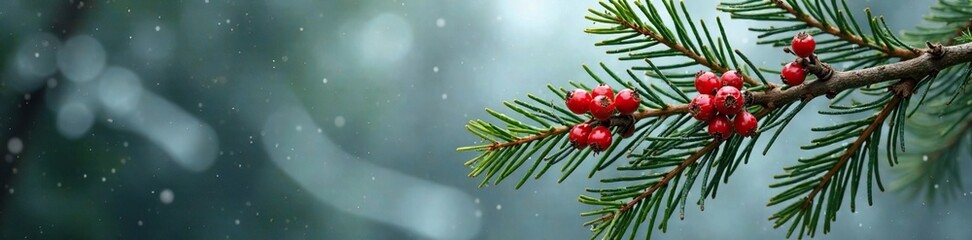 Obraz premium A large pine branch loaded with green pine needles and crimson berries against a frosty gray background, forest, tree