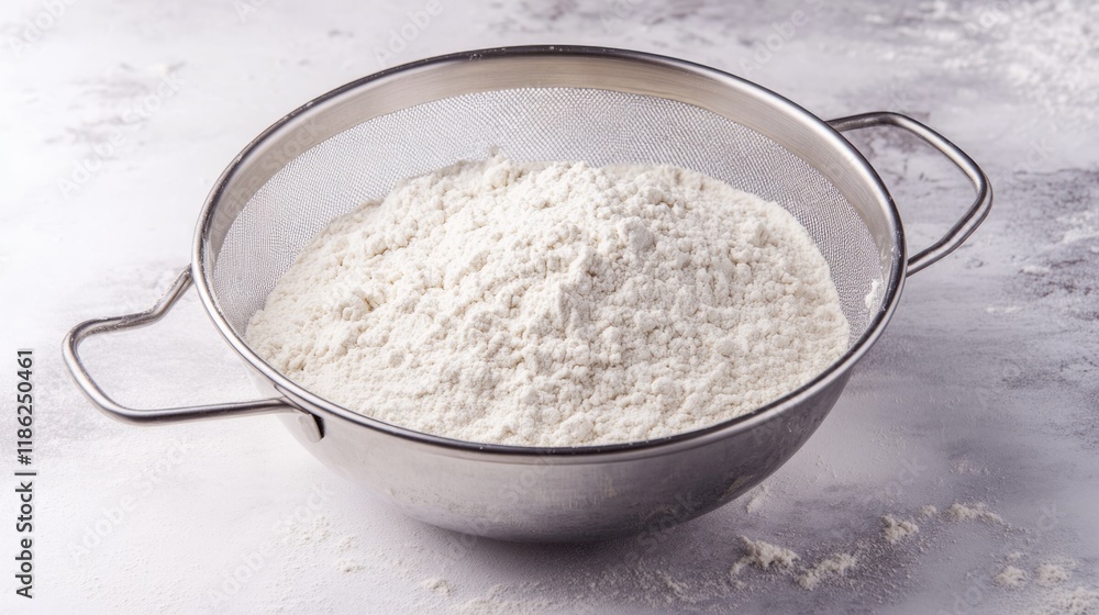 Poster silver sieve with flour being sifted on a gray marble countertop, large empty space for text, soft n