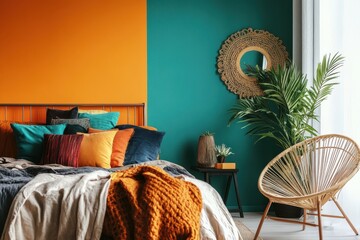 modern bedroom vibrant colors orange and teal wall cozy bed with colorful pillows