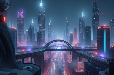 futuristic cityscape with sleek buildings, neon lights, and hazy blue sky - a blend of beauty and mystery in a technologically advanced world.