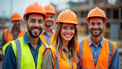 Smiling construction workers in orange helmets, safety vests stand on construction site. Teamwork, camaraderie among diverse employees evident. Look happy, pro. Project, site location implied. Happy