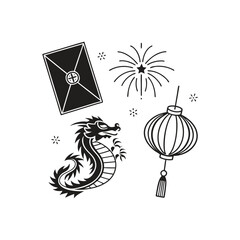 Chinese new year icons set monochrome vector
