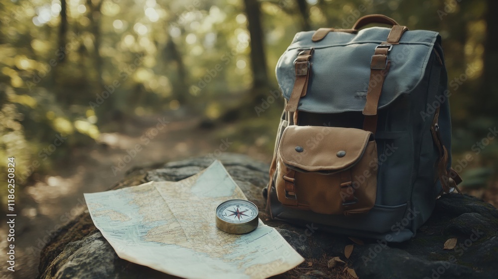 Poster exploring the wilderness with a backpack, compass and map in a tranquil forest environment. generati