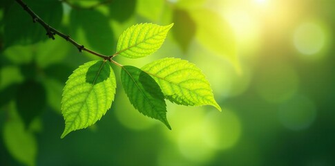 Fototapeta na wymiar Leafy branch in shade with sunlight filtering through, tree, natural, leaf
