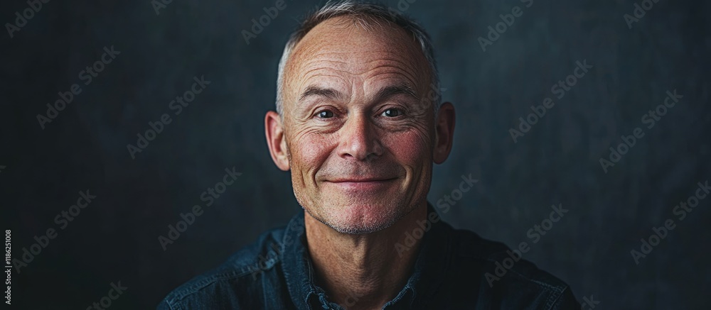 Poster smiling senior man portrait against dark textured background with ample copyspace for text, studio l