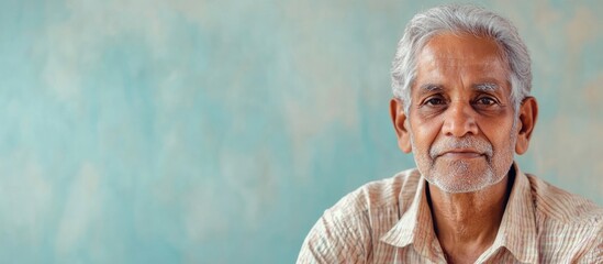 Portrait of a senior Indian man with gray hair and a gentle smile against a soft blue and green blurred background, featuring ample empty copyspace for text.