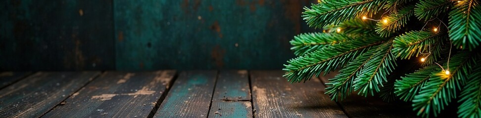Shimmering green and yellow tinsel fir tree nestled among dark wooden boards, winter, dark background, decoration
