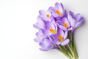Fototapeta premium Purple crocuses for a greeting card on a white background with copy space