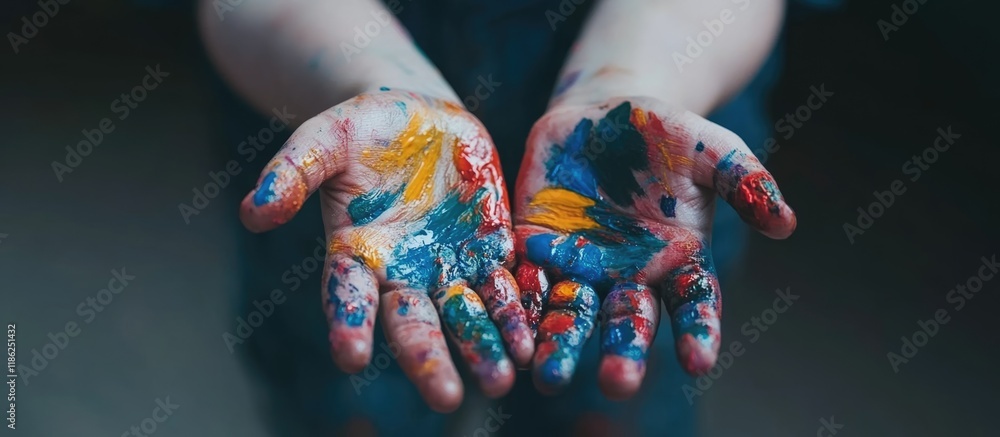 Poster colorful paint-smeared hands of a joyful child in close-up expressing creativity in a bright atmosph