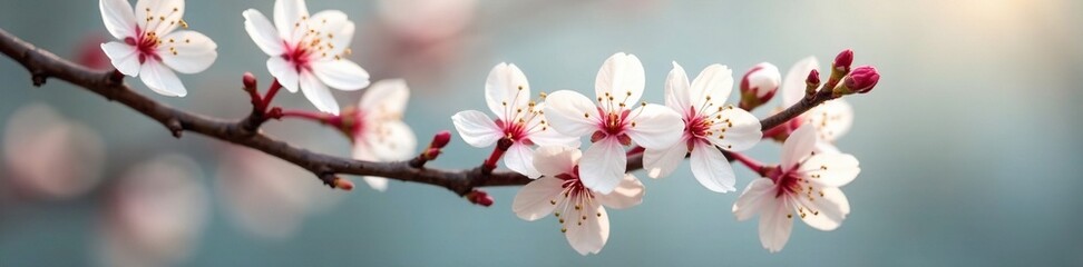 Naklejka premium White cherry blossoms with a few red spots on a branch, delicate, blossom