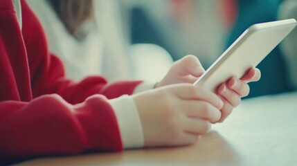 Preadolescent students engaged with digital tablet in bright classroom setting with soft focus, warm color tones and ample empty space for text integration.