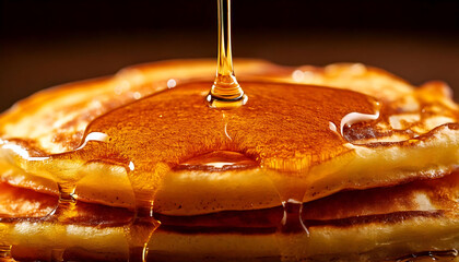Close-up of golden pancakes drenched in rich syrup.  A tempting image perfect for menus, food blogs, or breakfast-themed projects.  The high-quality detail highlights the texture and deliciousness.