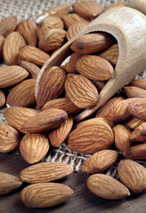 almond nuts in a scoop on a table. close up