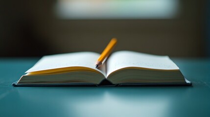 Naklejka premium Open book on wooden table with pencil against a blue textured background