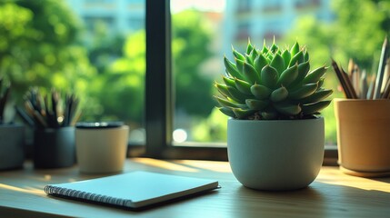 Beautiful indoor plants arranged on a wooden shelf with a simple design in a modern setting