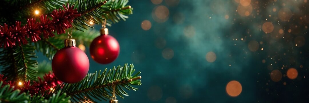 Tinsel decorations hanging from Christmas tree branches, twirly tinsel, garlands
