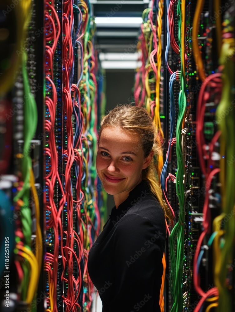 Aufkleber smiling female technician in dark server room surrounded by colorful network cables with ample copys
