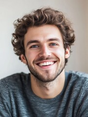 Obraz premium Smiling young man with curly hair in grey sweater showcasing joyful expression against soft neutral background with ample empty copyspace for text.