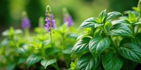 Obraz premium Bicolor basil bush in a garden with green and purple flowers, plant stems, herba