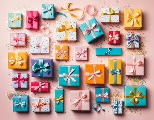 A Colorful Flat Lay of Assorted Gift Boxes with Ribbons and Confetti on Pink Background