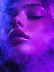 Fototapeta premium Close-up portrait of a young woman with vibrant purple lighting, enveloped in colorful vapor smoke, showcasing serene facial expression and soft features, perfect for creative vaping concepts.
