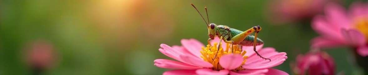 Delicate insect with long antennae rests on tiny flower petals, flower, blossom, grasshopper