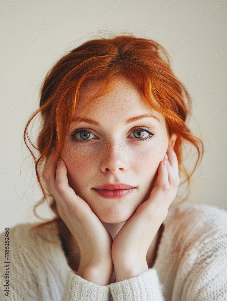 Poster red haired woman in soft sweater gazing at camera in minimalistic home setting with warm neutral ton