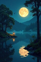 Moonlit forest with lantern light on a serene lake surface, water, trees, greenery