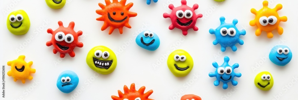Poster Cheerful colorful microbes with smiling faces and bright eyes in a playful arrangement. Generative AI