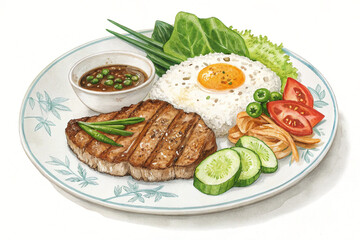 Vietnamese Cơm Tấm Illustration: Watercolor Style on White Background