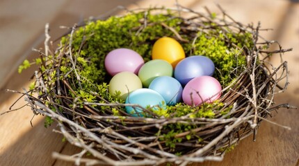 Obraz premium Pastel Easter eggs nestled in a rustic bird's nest. Perfect for spring and Easter greetings