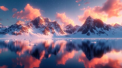 Naklejka premium Serene sunset reflecting on snow-capped mountains and icy waters.