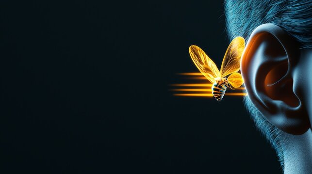 High-tech illustration of a bee flying near a human ear highlighting sound transmission and communication