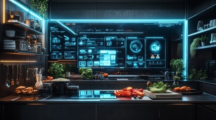 Obraz premium High-tech kitchen with a holographic interface. Perfect for smart home and futuristic lifestyle themes.