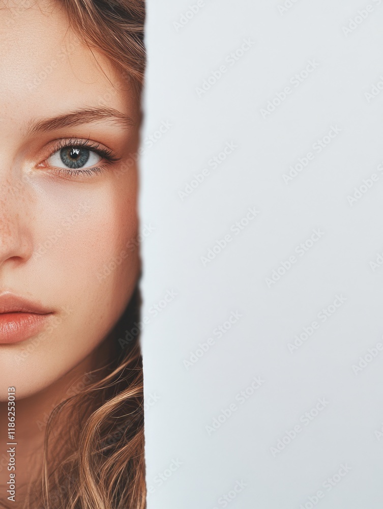 Poster fair-haired woman with soft curls gazing thoughtfully from behind textured white backdrop showcasing