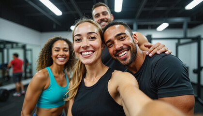 Energetic group selfie by fitness enthusiasts in gym, healthy lifestyle